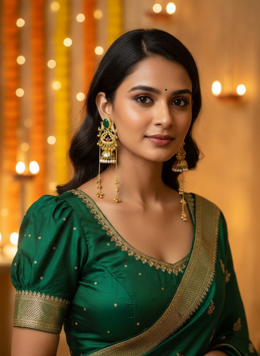 Rajwadi Emerald Peacock Jhumka Earrings