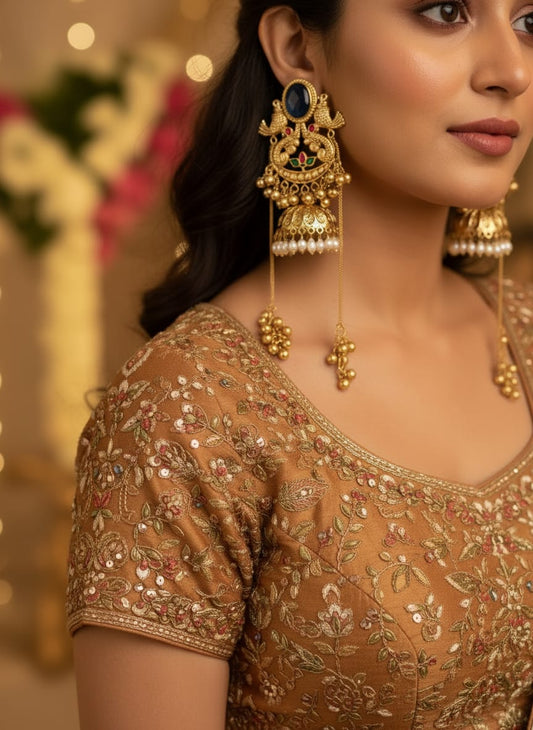 Rajwadi Emerald Peacock Jhumka Earrings