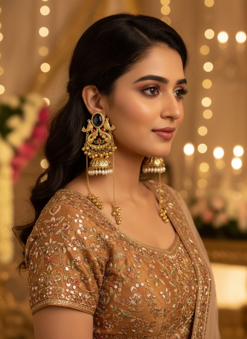 Rajwadi Emerald Peacock Jhumka Earrings