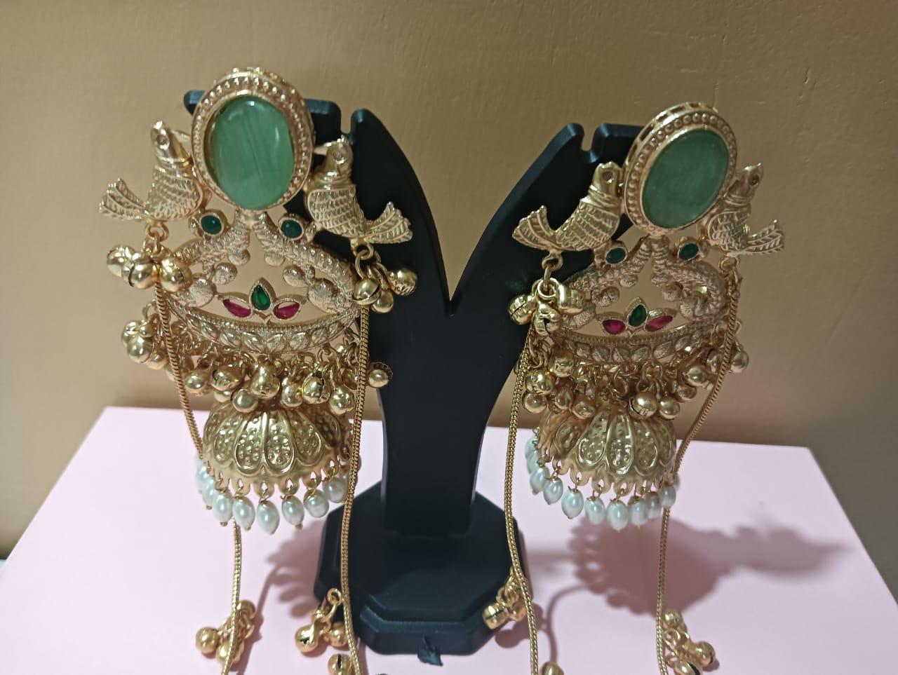 Rajwadi Emerald Peacock Jhumka Earrings