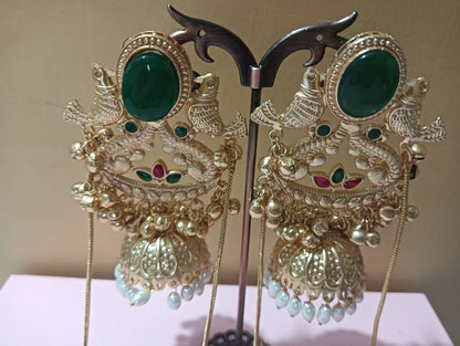 Rajwadi Emerald Peacock Jhumka Earrings
