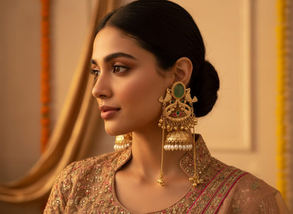 Rajwadi Emerald Peacock Jhumka Earrings