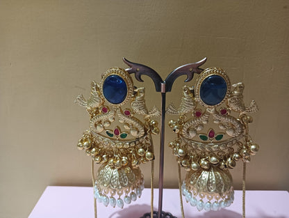 Rajwadi Emerald Peacock Jhumka Earrings